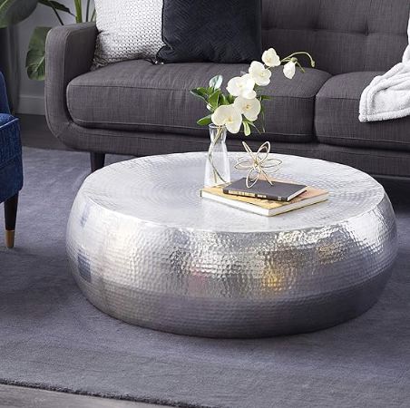 Deco 79 Aluminum Drum Shaped Coffee Table with Hammered Design